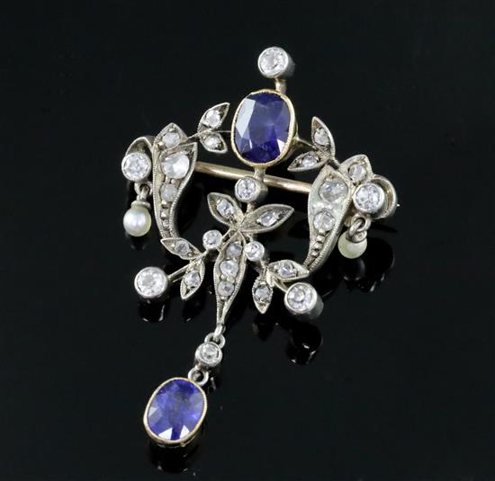 A late Victorian gold and silver, two stone sapphire, round and rose cut diamond set drop brooch, 37mm.